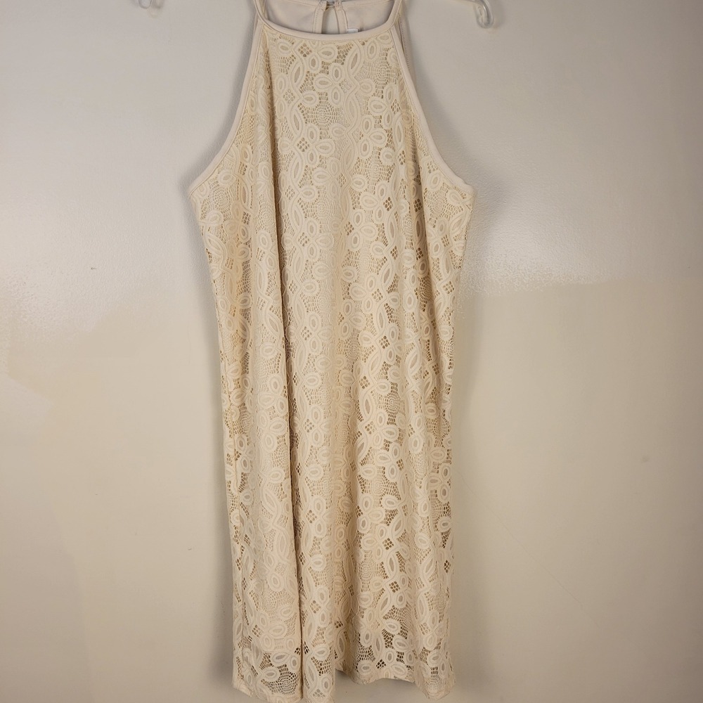 Love Fire Womens Cream Lace Halter Neck Shift Dress Ivory Sleeveless Size Large‎
